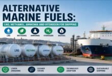 Illustration of various alternative marine fuels: LNG, methanol, ammonia, and hydrogen.