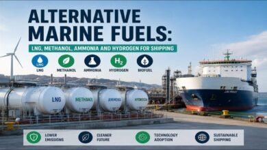 Illustration of various alternative marine fuels: LNG, methanol, ammonia, and hydrogen.
