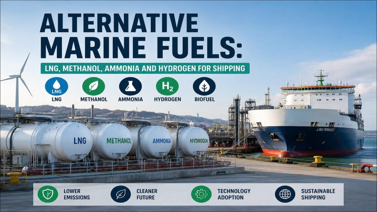 Illustration of various alternative marine fuels: LNG, methanol, ammonia, and hydrogen.