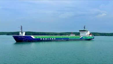 Wind-assisted combi freighter sailing on the open sea.