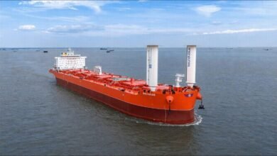 KCC's MV Baltazar, a large wind-assisted cargo vessel, sails on the ocean.
