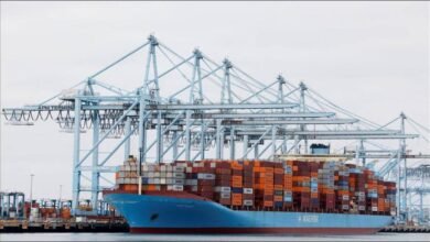A large container ship and stacked containers at a busy US West Coast port.