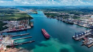 A large bulk carrier ship transports cargo through a global trade route.