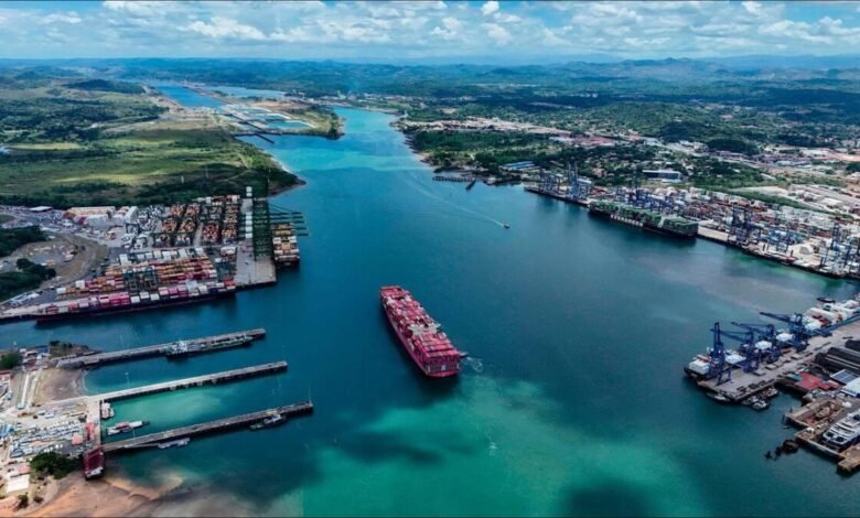 A large bulk carrier ship transports cargo through a global trade route.