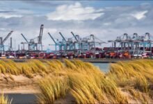 Busy container port in Rotterdam, Netherlands, illustrating European trade and ship finance.