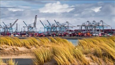 Busy container port in Rotterdam, Netherlands, illustrating European trade and ship finance.