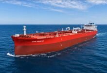 The Nave Equator Aframax tanker sails on the open sea.