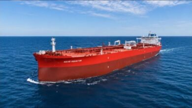 The Nave Equator Aframax tanker sails on the open sea.