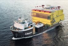 Allseas' heavy transport vessel Grand Tour, powered by ABB, on the water.