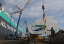 Wallenius Wilhelmsen vessel with an Oceanbird wing sail at sea.