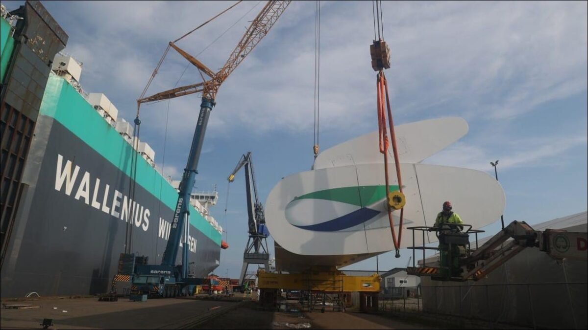 Wallenius Wilhelmsen vessel with an Oceanbird wing sail at sea.
