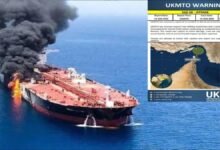 A tanker damaged by a drone strike in the Strait of Hormuz.