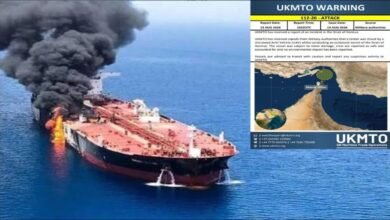 A tanker damaged by a drone strike in the Strait of Hormuz.