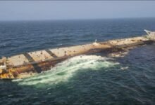 A large oil tanker on the ocean, representing the vessel salvaged off Oman.