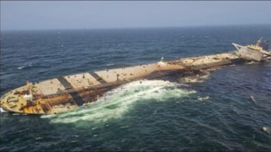 A large oil tanker on the ocean, representing the vessel salvaged off Oman.