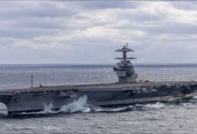 The supercarrier USS John F. Kennedy (CVN-79) at sea during acceptance trials.