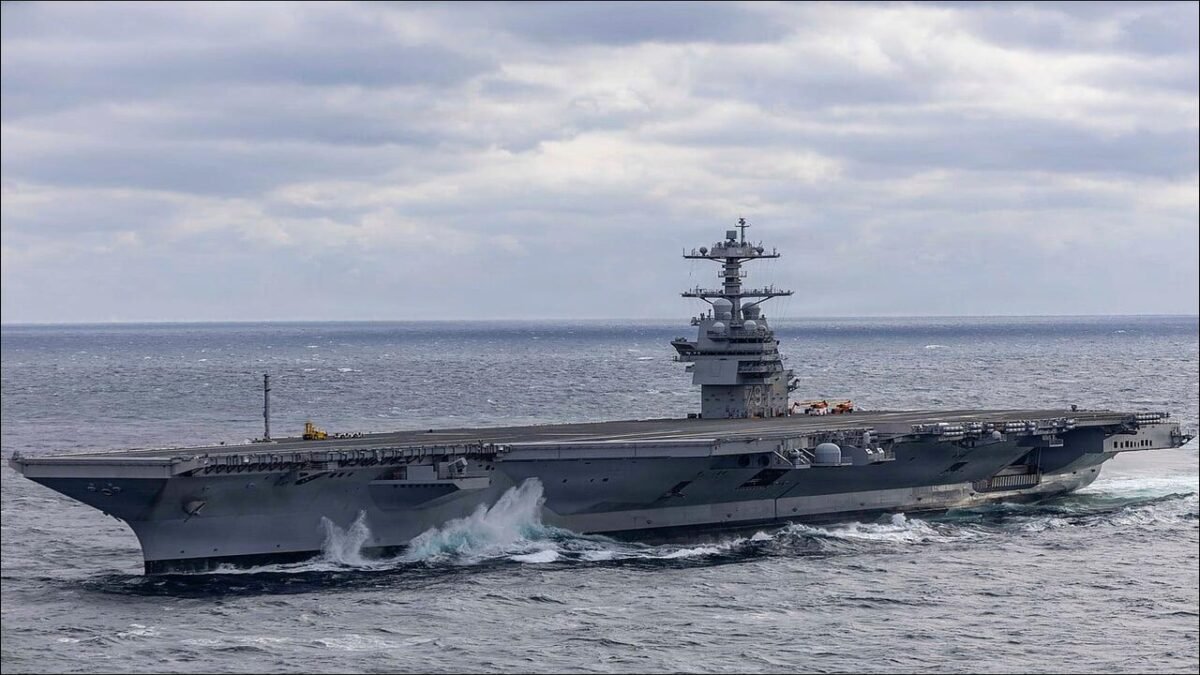 The supercarrier USS John F. Kennedy (CVN-79) at sea during acceptance trials.