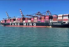 Yang Ming's YM Willpower container ship receives LNG bunkering in Shanghai.