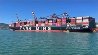 Yang Ming's YM Willpower container ship receives LNG bunkering in Shanghai.