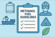 A modern cargo ship at sea, symbolizing methanol and alternative fuels for green shipping.