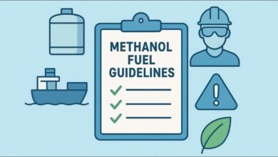 A modern cargo ship at sea, symbolizing methanol and alternative fuels for green shipping.