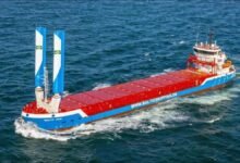 Baltic Shipping's new wind-assisted hybrid coasters, Baltic Iron and Baltic Timber, at sea.