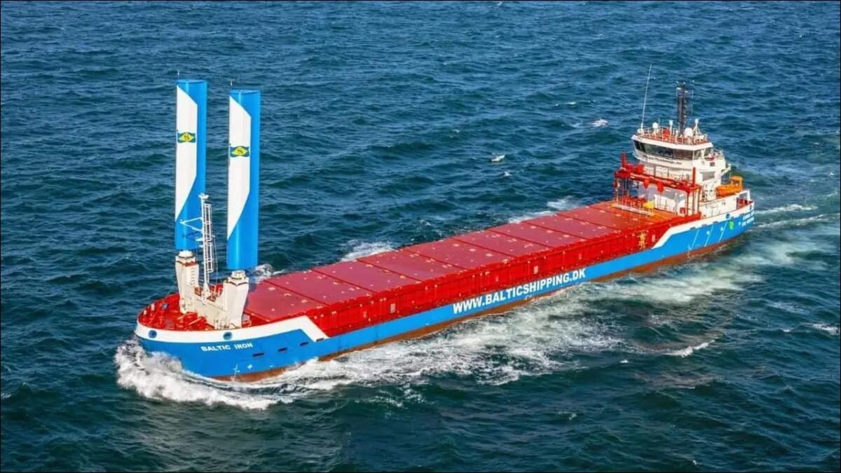 Baltic Shipping's new wind-assisted hybrid coasters, Baltic Iron and Baltic Timber, at sea.