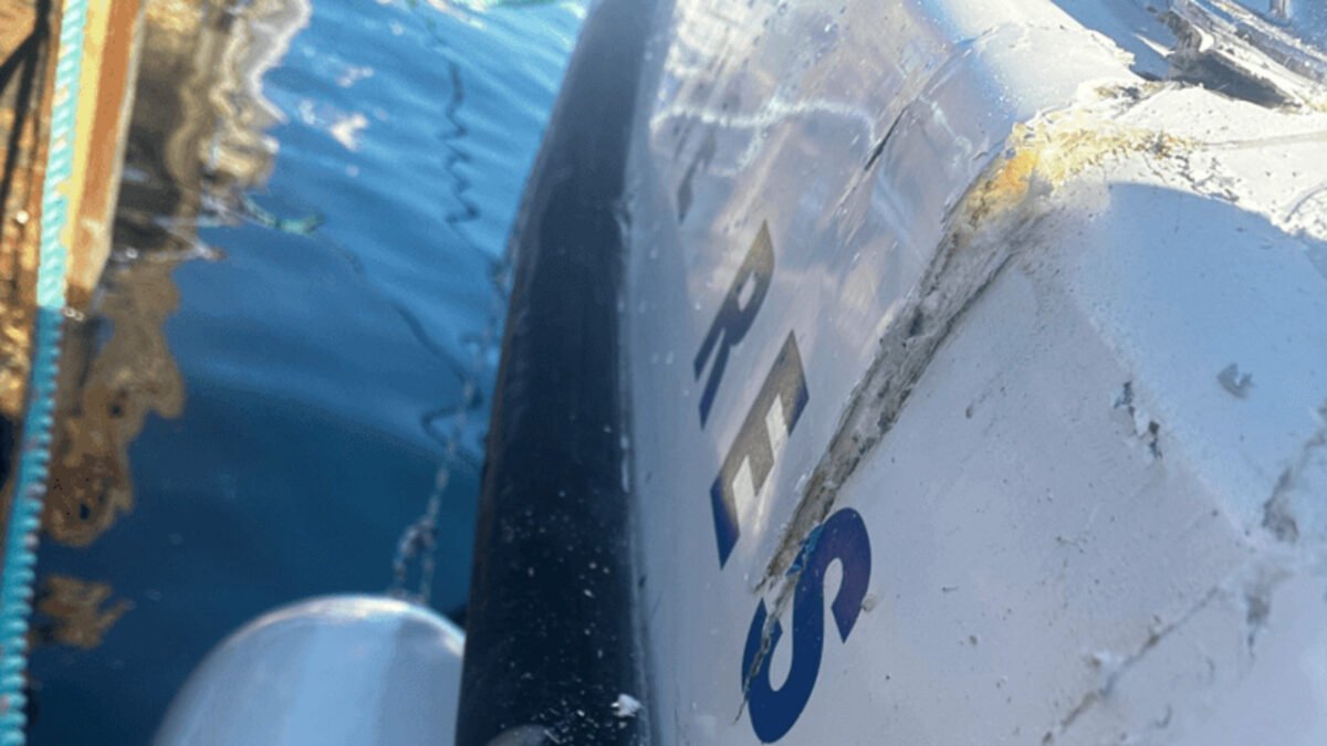 Damaged Marine Rescue NSW boat Eden 30 with a large hole in its hull.