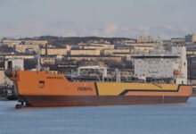 Russian icebreaking tanker Valentin Pikul docked in Murmansk port.