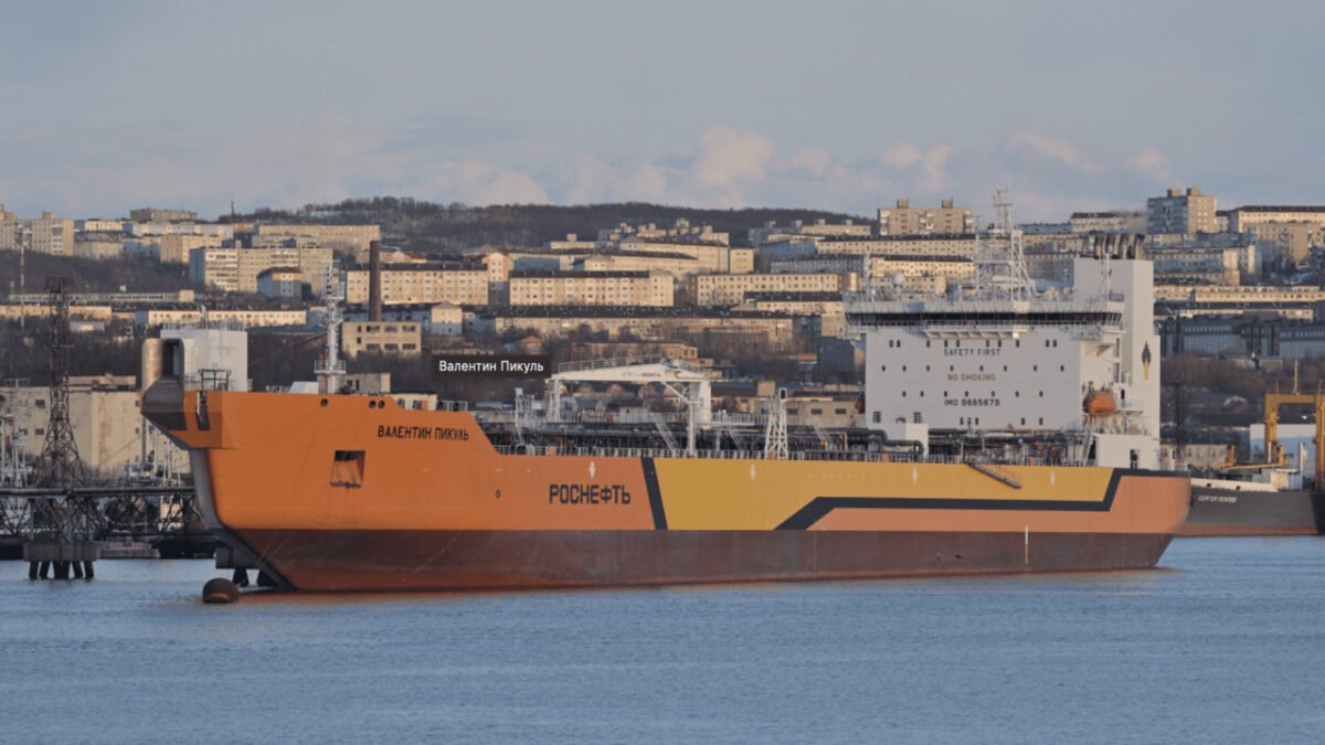 Russian icebreaking tanker Valentin Pikul docked in Murmansk port.