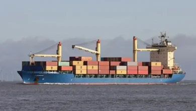 The feeder containership M/V Joanna sails on calm blue waters under a bright sky.