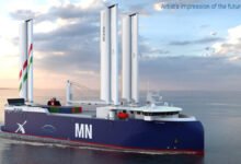 Conceptual rendering of the new wind-assisted RoRo vessel featuring OceanWings sails.