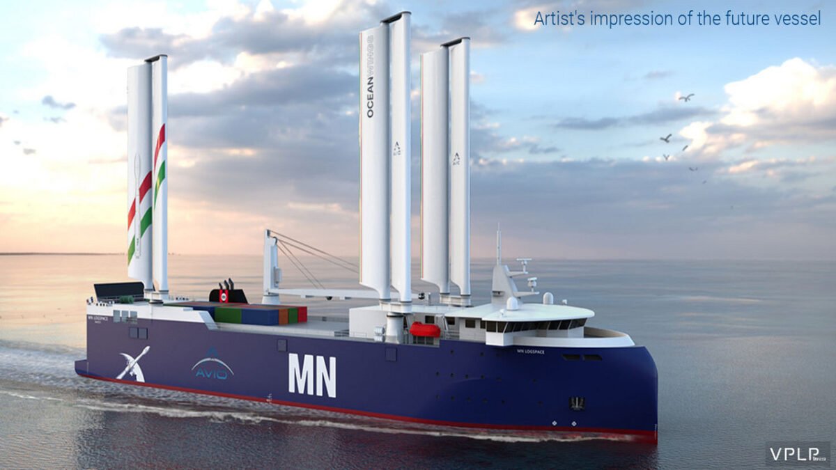 Conceptual rendering of the new wind-assisted RoRo vessel featuring OceanWings sails.