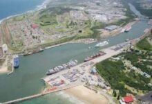 Cargo vessels and cranes at the East London port in South Africa.