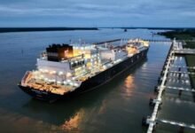 The FSRU Energos Force vessel docking at Stade, Germany.