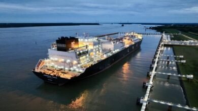 The FSRU Energos Force vessel docking at Stade, Germany.