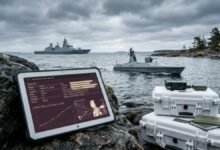 A modern warship patrolling the Baltic Sea, symbolizing Finland and Sweden's security partnership.