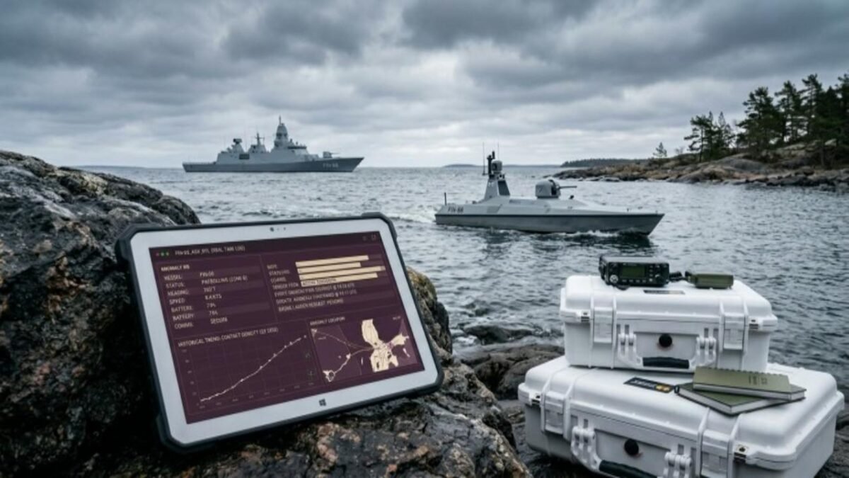 A modern warship patrolling the Baltic Sea, symbolizing Finland and Sweden's security partnership.