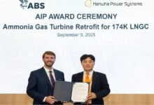 Hanwha Ocean LNG carrier ship sailing at sea for ammonia retrofit.
