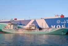 A large vessel being bunkered at a busy port, representative of marine fuel supply chains.