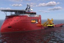 Jan De Nul's specialized trenching support vessel operates on the open sea.