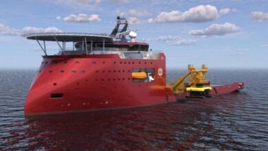Jan De Nul's specialized trenching support vessel operates on the open sea.