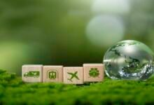 Stylized green fuel drop or energy flow representing low-carbon marine fuels.