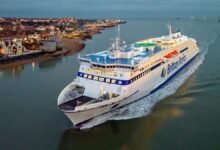 A Brittany Ferries vessel sails on the open sea, highlighting their efforts in fuel efficiency.