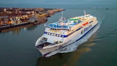 A Brittany Ferries vessel sails on the open sea, highlighting their efforts in fuel efficiency.