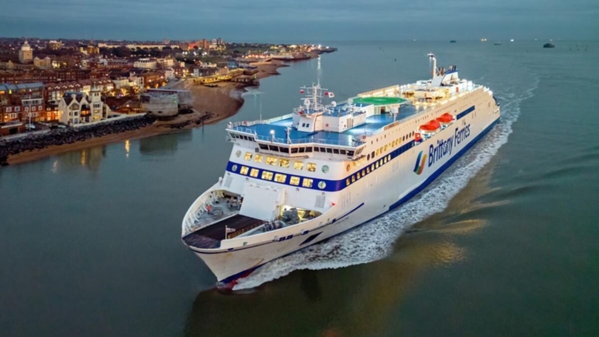 A Brittany Ferries vessel sails on the open sea, highlighting their efforts in fuel efficiency.