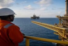 An offshore gas production platform, representing TotalEnergies and AMNI's Ima gas field project in Nigeria.