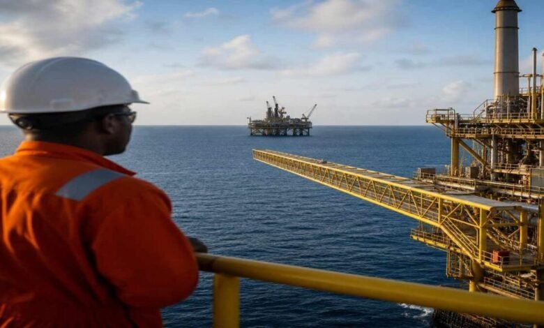 An offshore gas production platform, representing TotalEnergies and AMNI's Ima gas field project in Nigeria.