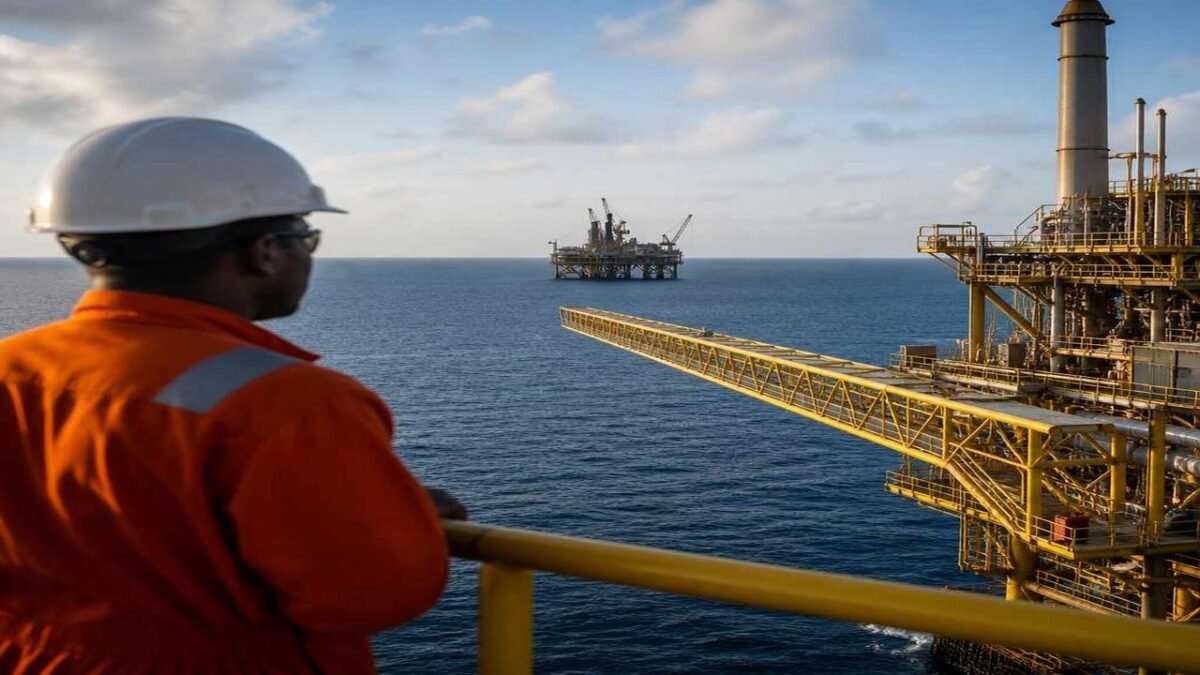 An offshore gas production platform, representing TotalEnergies and AMNI's Ima gas field project in Nigeria.