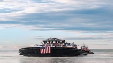 McAllister Towing's new MARY McALLISTER tugboat sailing on the water.
